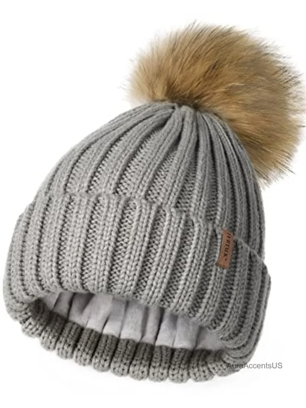 Fleece Lined Knit Beanie Hat with Removable Faux Fur Pom Pom